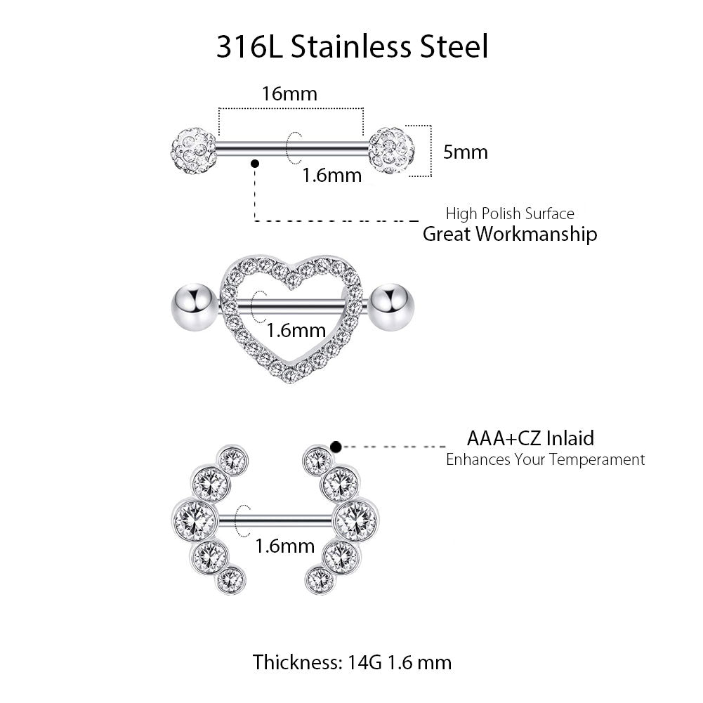 Arardo 14G 316L Stainless Steel Nipple Rings Nipple Piercing Jewelry