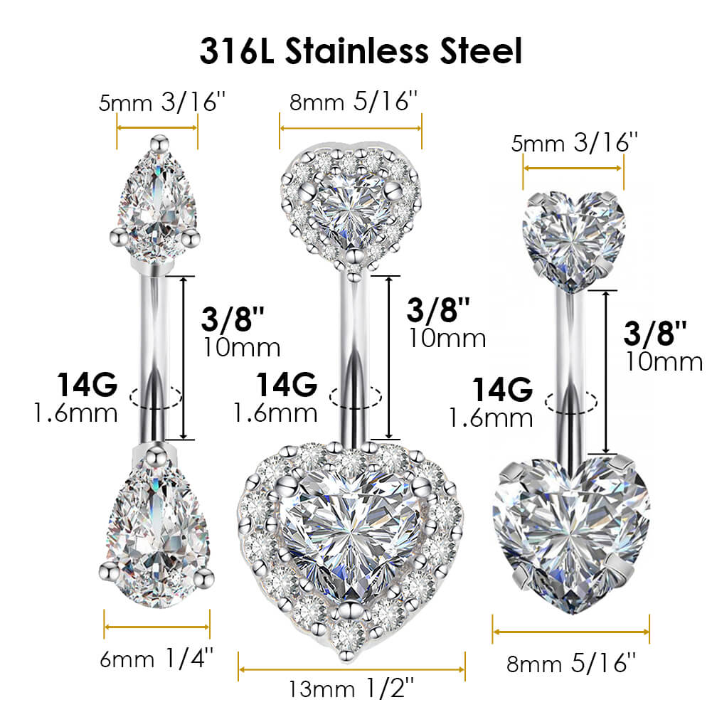 316L Stainless Steel Belly Button Rings Curved Barbell Crystal CZ Nave –  Arardo