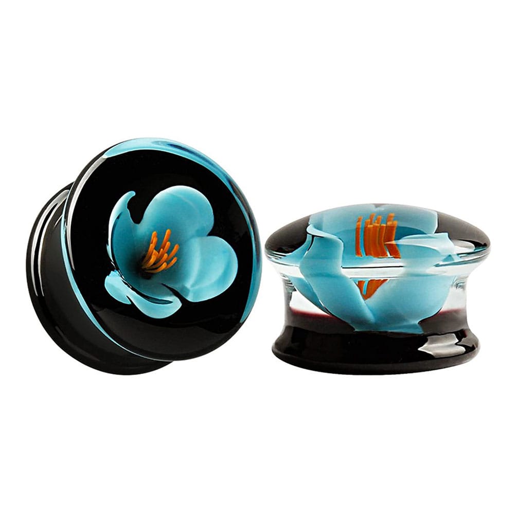 Arardo 1 Pair Glass-Handmade Blue Flower Ear Plugs Tunnels Gauges Stretcher Piercings