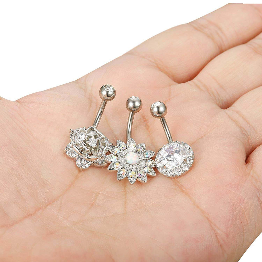 316L Stainless Steel Flower Belly Button Rings Opal CZ Navel Rings