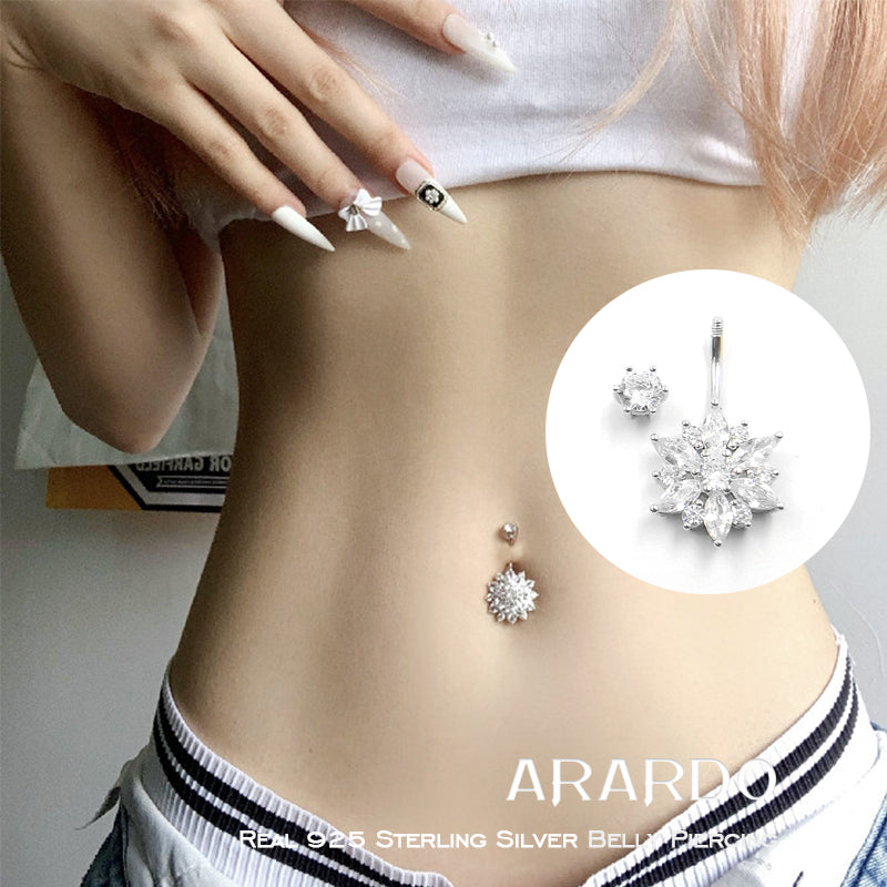 WOW Arardo 925 Sterling Silver Belly Button Rings Navel Rings Belly Rings Belly Piercing Luxurious Flower SS19