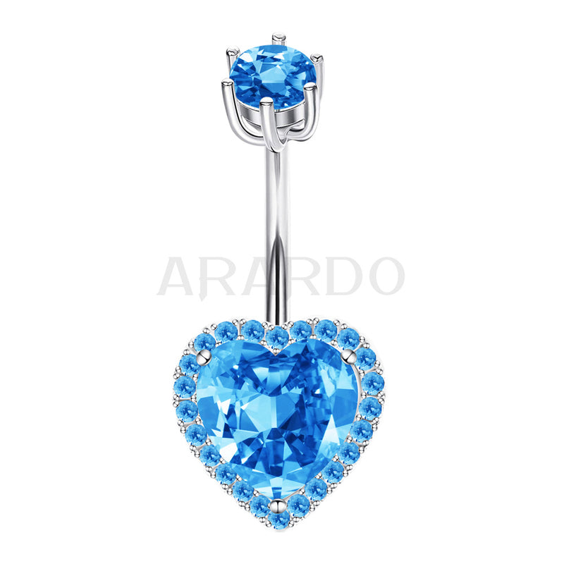 Arardo Sterling Silver Belly Button Rings, Real 925 Sterling Silver, 14G Smooth Surface Belly Piercing, Sterling Silver Navel Piercing Rings, Standard Heart Blue CZ