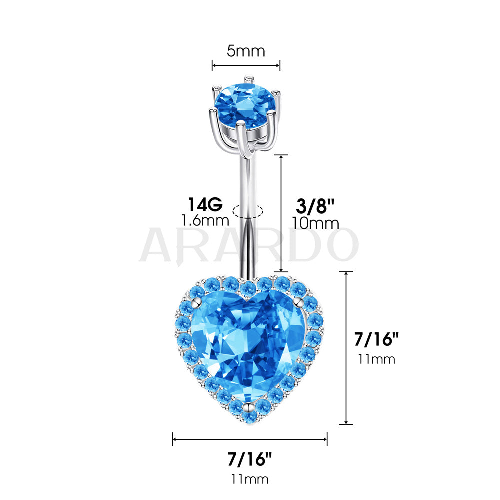 Arardo Sterling Silver Belly Button Rings, Real 925 Sterling Silver, 14G Smooth Surface Belly Piercing, Sterling Silver Navel Piercing Rings, Standard Heart Blue CZ
