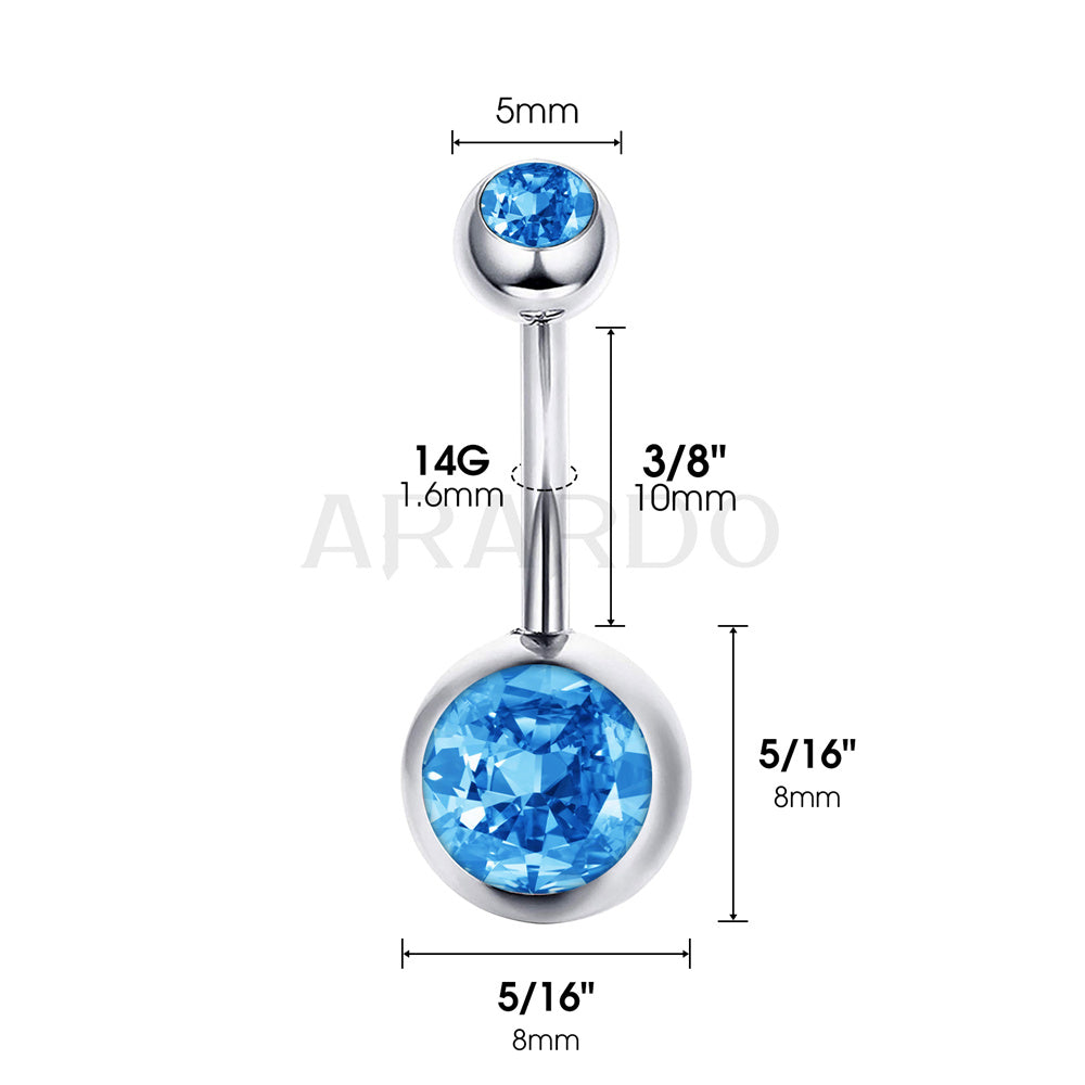Arardo Sterling Silver Belly Button Rings, Real 925 Sterling Silver, 14G Smooth Surface Belly Piercing, Sterling Silver Navel Piercing Rings, Classic Double Blue CZ