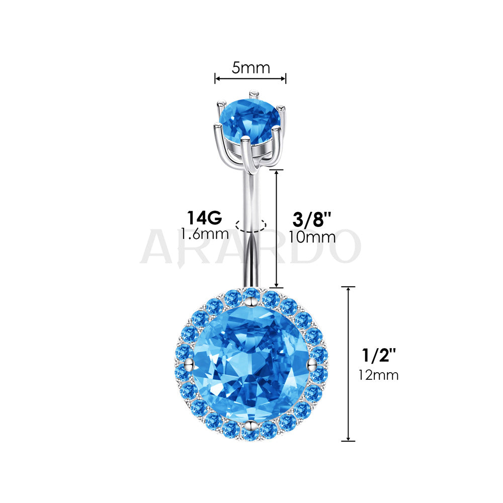 Arardo Sterling Silver Belly Button Rings, Real 925 Sterling Silver, 14G Smooth Surface Belly Piercing, Sterling Silver Navel Piercing Rings, Classic Circle Blue CZ