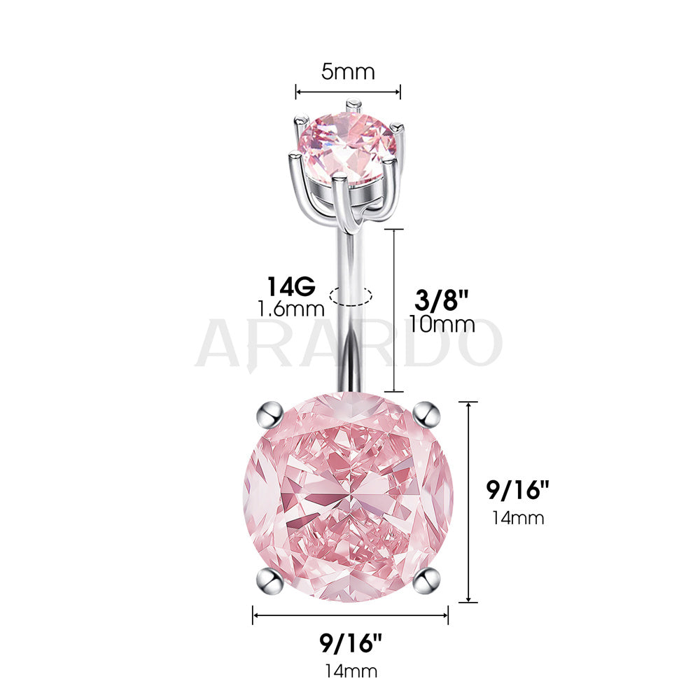 Arardo Sterling Silver Belly Button Rings, Real 925 Sterling Silver, 14G Smooth Surface Belly Piercing, Sterling Silver Navel Piercing Rings, Classic Round Pink CZ