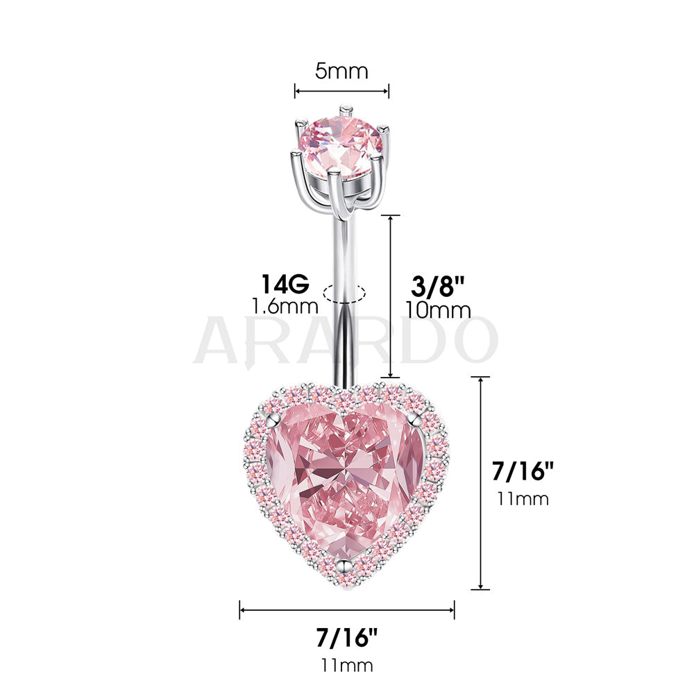 Arardo Sterling Silver Belly Button Rings, Real 925 Sterling Silver, 14G Smooth Surface Belly Piercing, Sterling Silver Navel Piercing Rings, Standard Heart Pink CZ