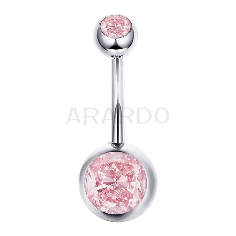 Arardo Sterling Silver Belly Button Rings, Real 925 Sterling Silver, 14G Smooth Surface Belly Piercing, Sterling Silver Navel Piercing Rings, Classic Double Pink CZ