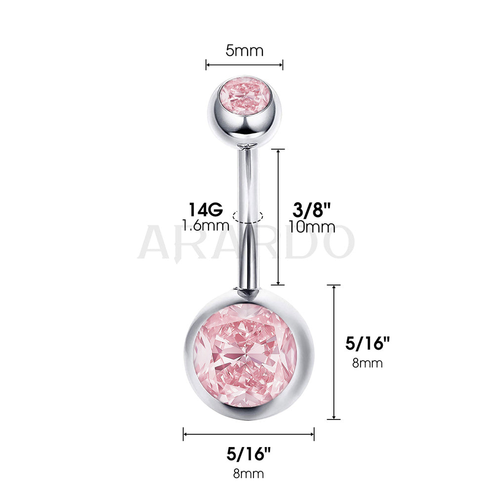 Arardo Sterling Silver Belly Button Rings, Real 925 Sterling Silver, 14G Smooth Surface Belly Piercing, Sterling Silver Navel Piercing Rings, Classic Double Pink CZ