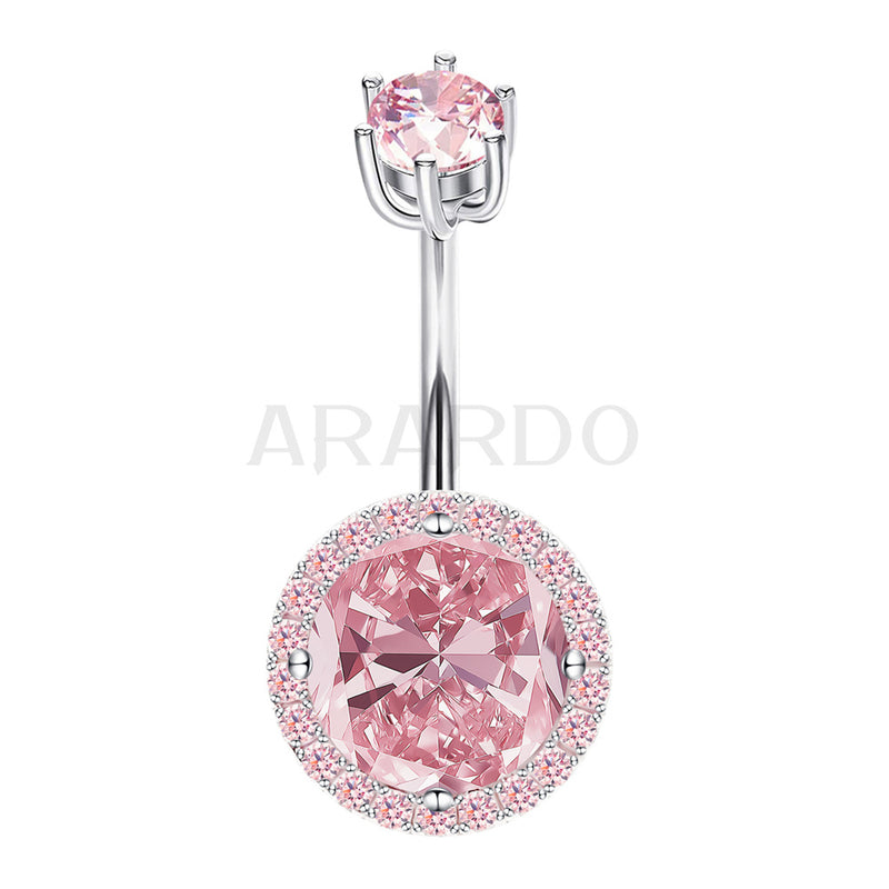 Arardo Sterling Silver Belly Button Rings, Real 925 Sterling Silver, 14G Smooth Surface Belly Piercing, Sterling Silver Navel Piercing Rings, Classic Circle Pink CZ