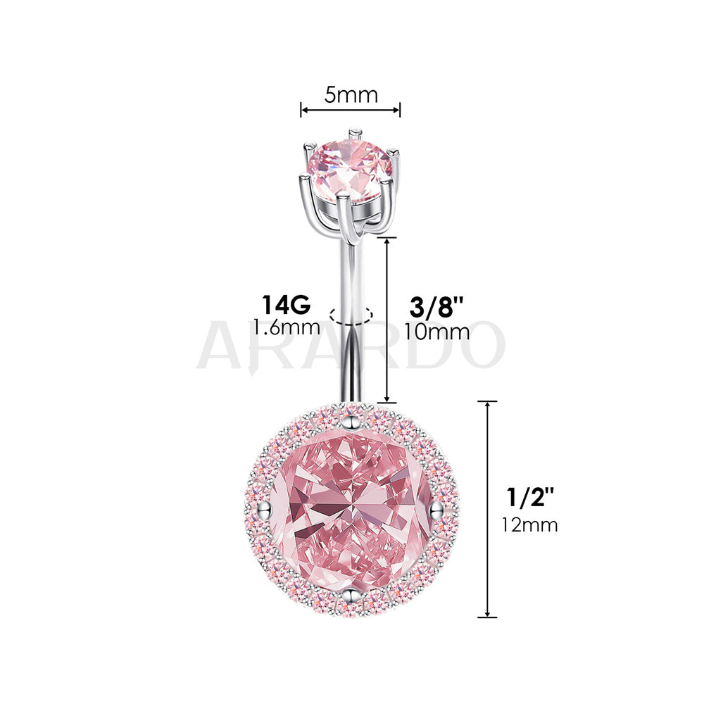 Arardo Sterling Silver Belly Button Rings, Real 925 Sterling Silver, 14G Smooth Surface Belly Piercing, Sterling Silver Navel Piercing Rings, Classic Circle Pink CZ