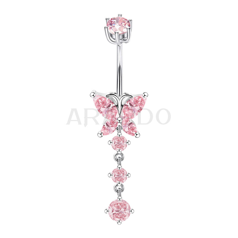 Arardo Sterling Silver Belly Button Rings, Real 925 Sterling Silver, 14G Smooth Surface Belly Piercing, Sterling Silver Navel Piercing Rings, Dangle Butterfly Pink CZ