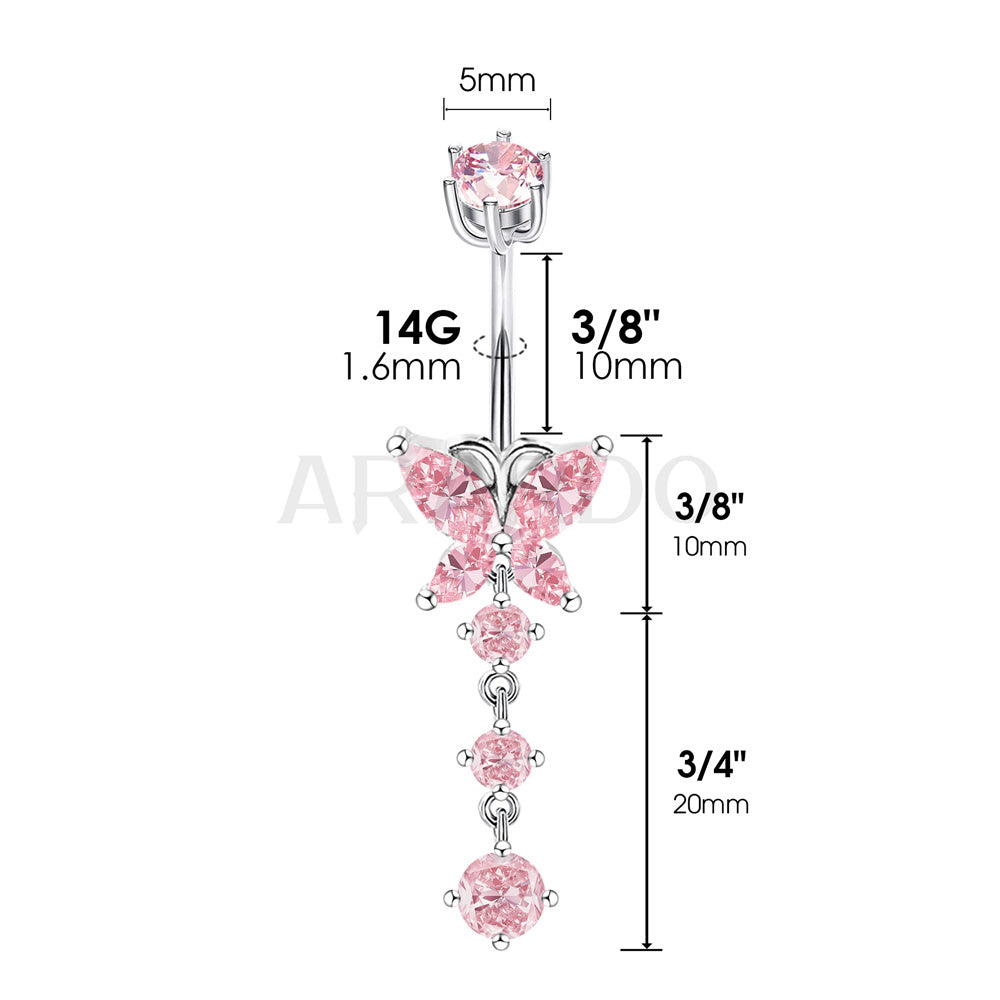 Arardo Sterling Silver Belly Button Rings, Real 925 Sterling Silver, 14G Smooth Surface Belly Piercing, Sterling Silver Navel Piercing Rings, Dangle Butterfly Pink CZ