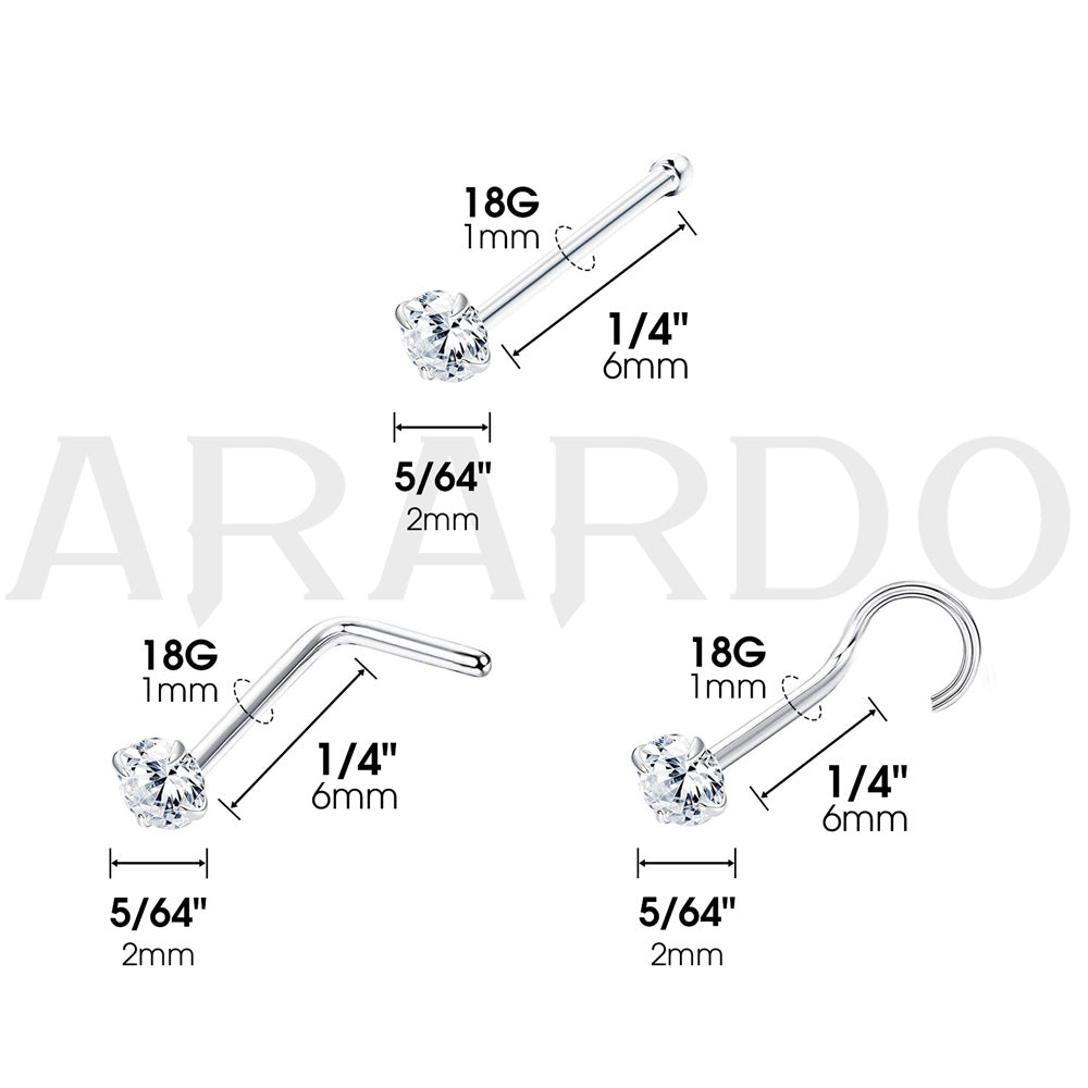 Arardo Sterling Silver Nose Ring, Real 925 Sterling Silver Nose Piercing Jewelry, 2mm CZ 18G, 3Pairs