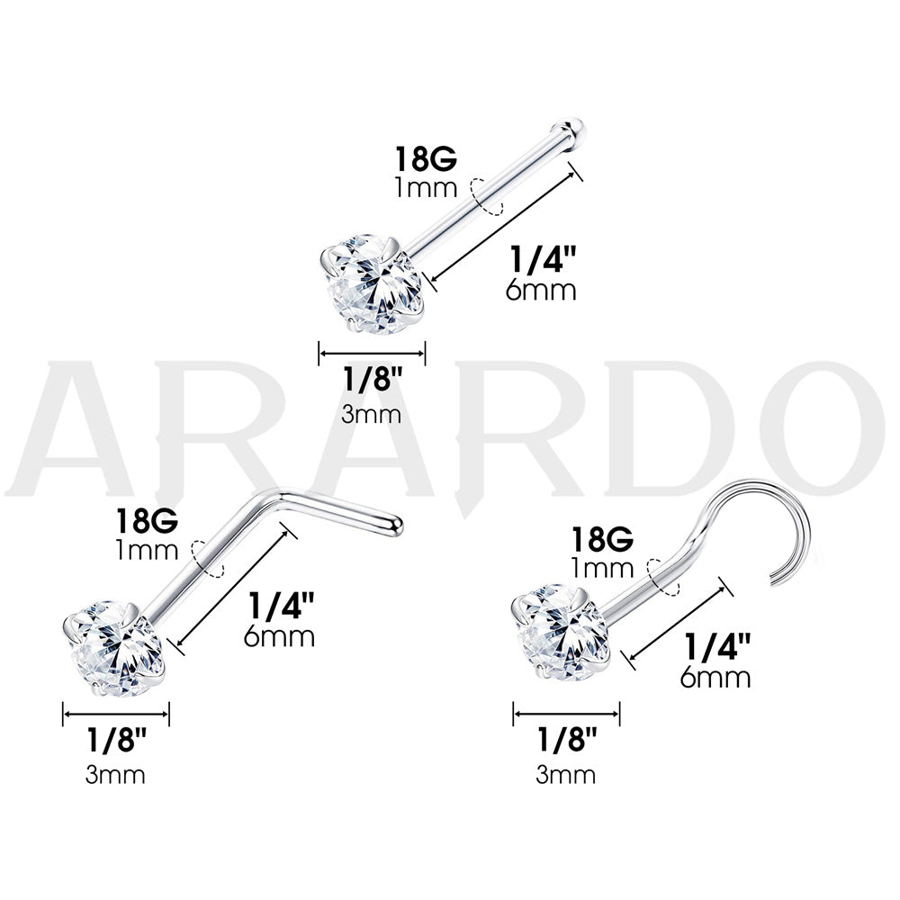 Arardo Sterling Silver Nose Ring, Real 925 Sterling Silver Nose Piercing Jewelry,  3mm CZ 18G, 3Pairs