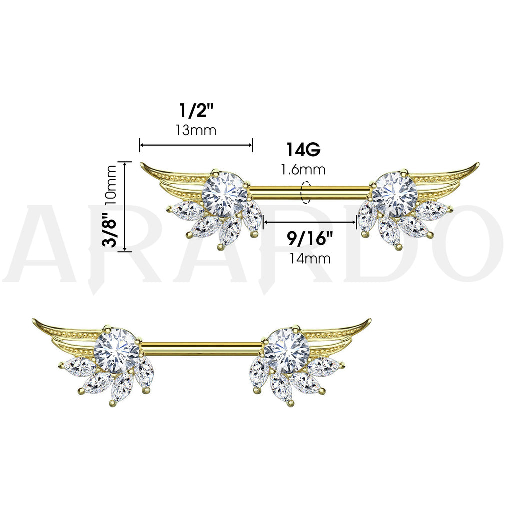 Arardo 316L Stainless Steel Nipple Piercing,High Polished Smooth Surface, Resists Allergy, Wings Gold CZ Nipple Rings Jewelry