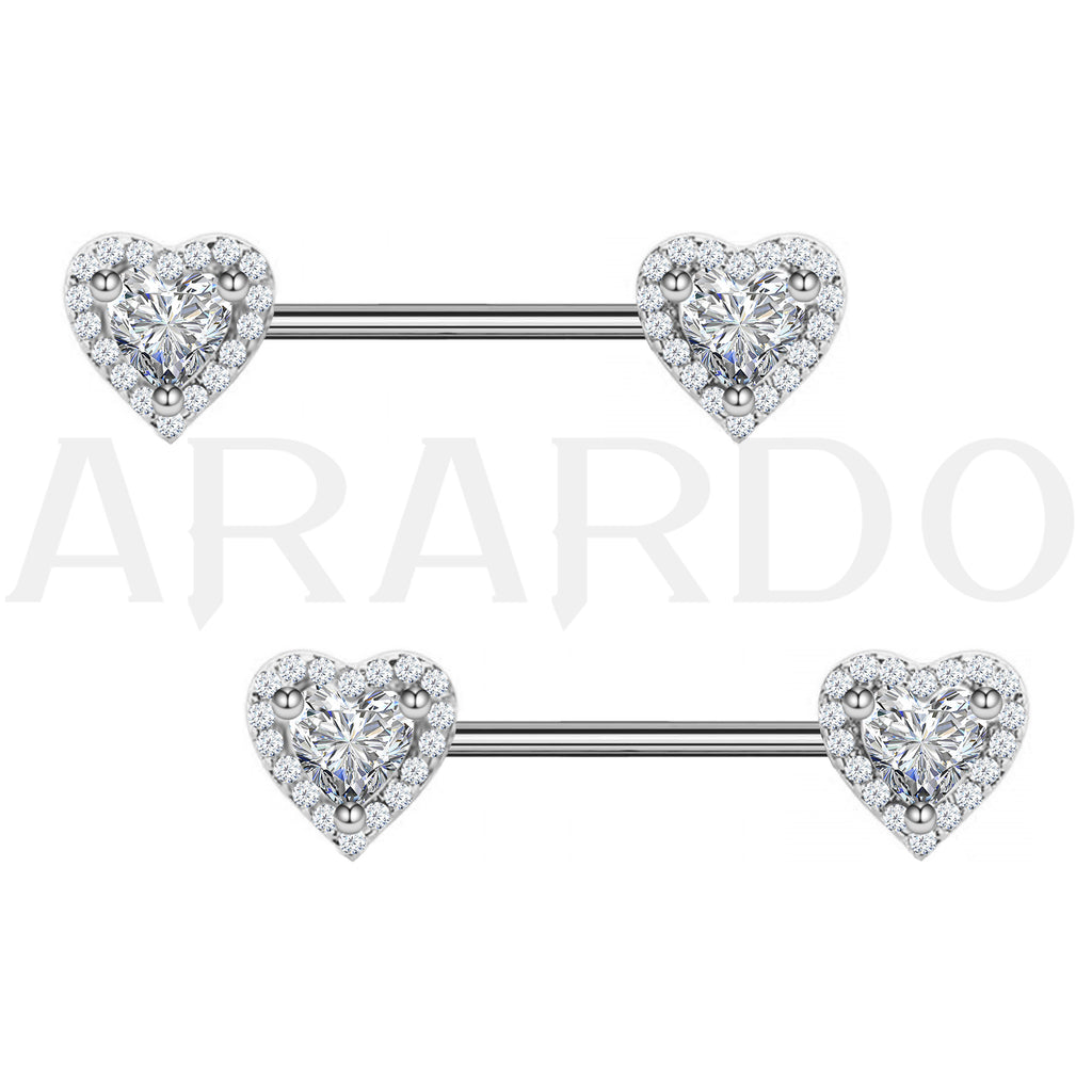 Arardo 316L Stainless Steel Nipple Piercing,High Polished Smooth Surface, Resists Allergy, Double Heart Silver CZ Nipple Rings Jewelry