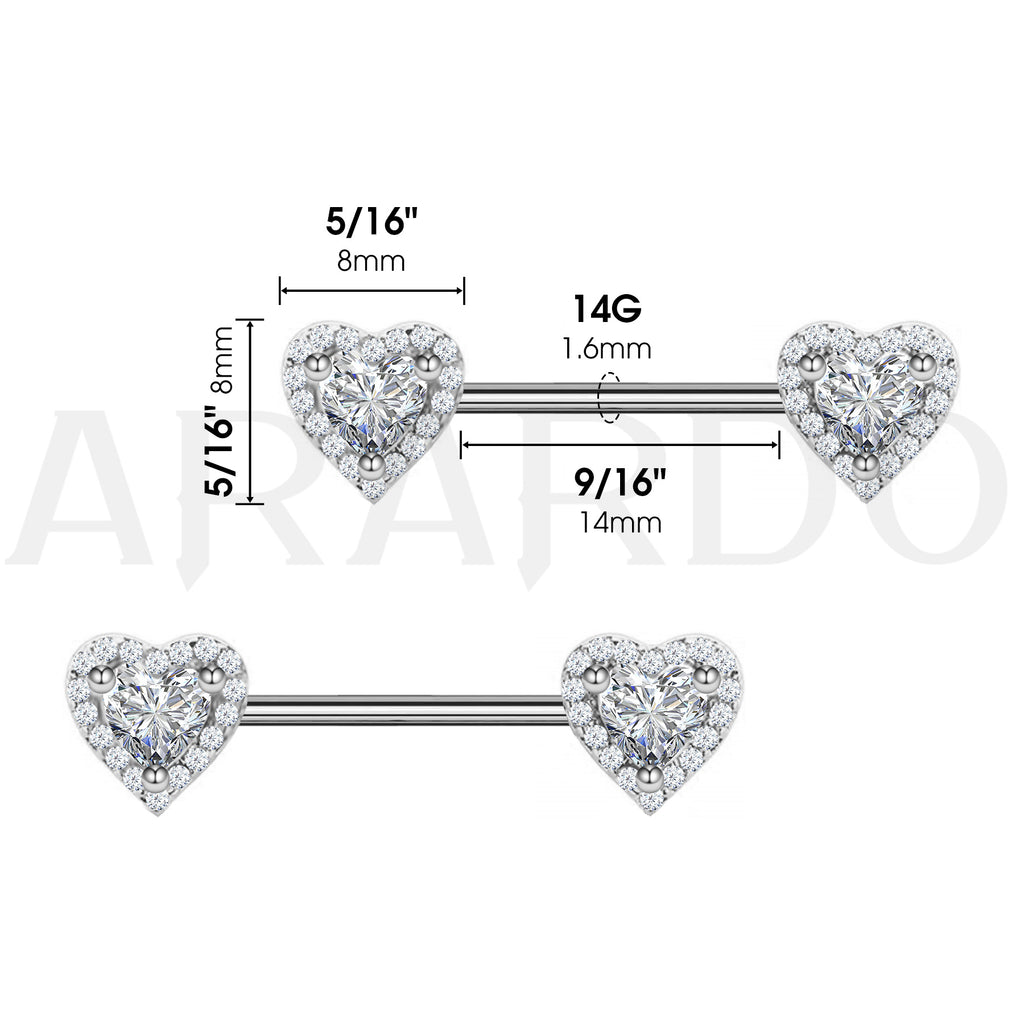Arardo 316L Stainless Steel Nipple Piercing,High Polished Smooth Surface, Resists Allergy, Double Heart Silver CZ Nipple Rings Jewelry