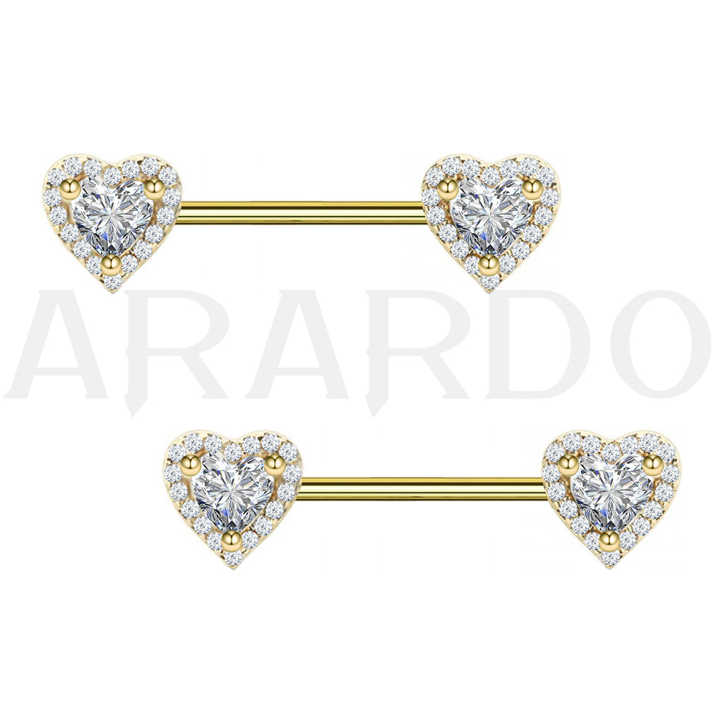 Arardo 316L Stainless Steel Nipple Piercing,High Polished Smooth Surface, Resists Allergy, Double Heart Gold CZ Nipple Rings Jewelry