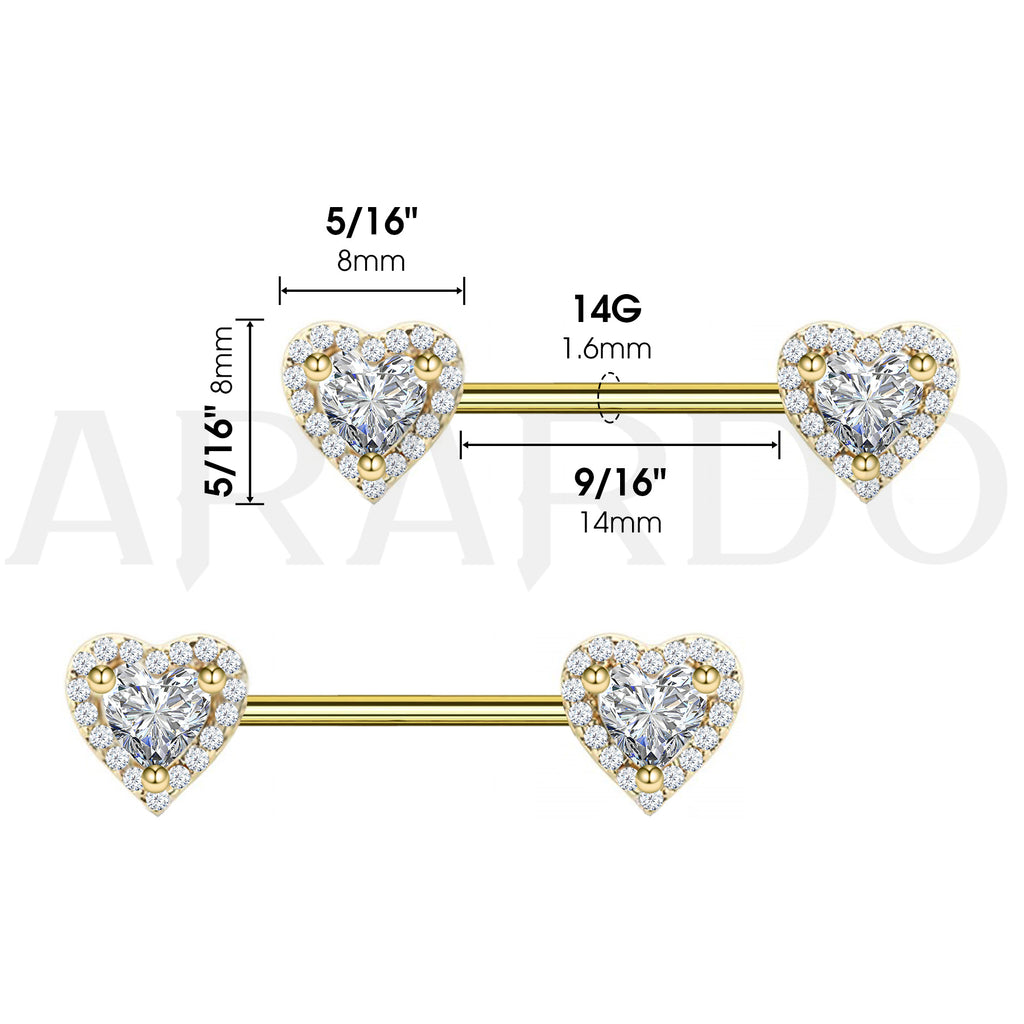 Arardo 316L Stainless Steel Nipple Piercing,High Polished Smooth Surface, Resists Allergy, Double Heart Gold CZ Nipple Rings Jewelry