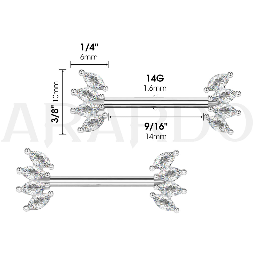 Arardo 316L Stainless Steel Nipple Piercing,High Polished Smooth Surface, Resists Allergy, Half Marquise Silver CZ Nipple Rings Jewelry