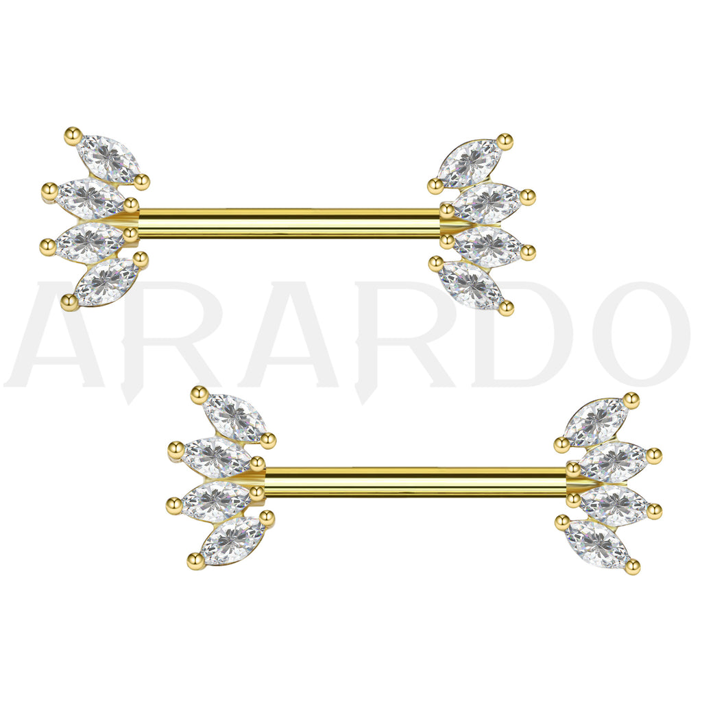 Arardo 316L Stainless Steel Nipple Piercing,High Polished Smooth Surface, Resists Allergy, Half Marquise Gold CZ Nipple Rings Jewelry