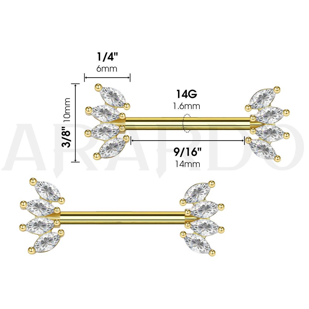 Arardo 316L Stainless Steel Nipple Piercing,High Polished Smooth Surface, Resists Allergy, Half Marquise Gold CZ Nipple Rings Jewelry