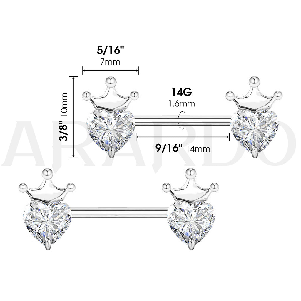 Arardo 316L Stainless Steel Nipple Piercing,High Polished Smooth Surface, Resists Allergy, Crown Silver CZ Nipple Rings Jewelry