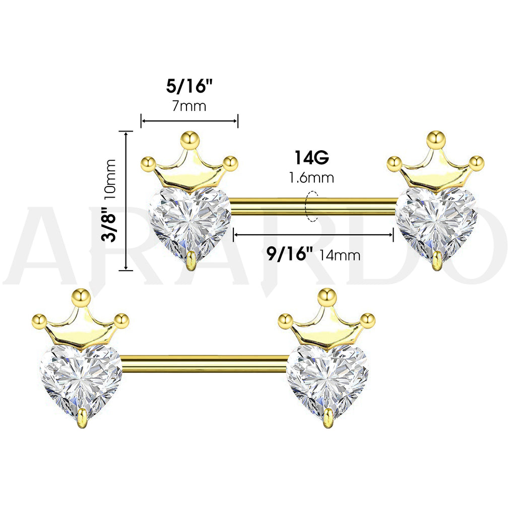 Arardo 316L Stainless Steel Nipple Piercing,High Polished Smooth Surface, Resists Allergy, Crown Gold CZ Nipple Rings Jewelry