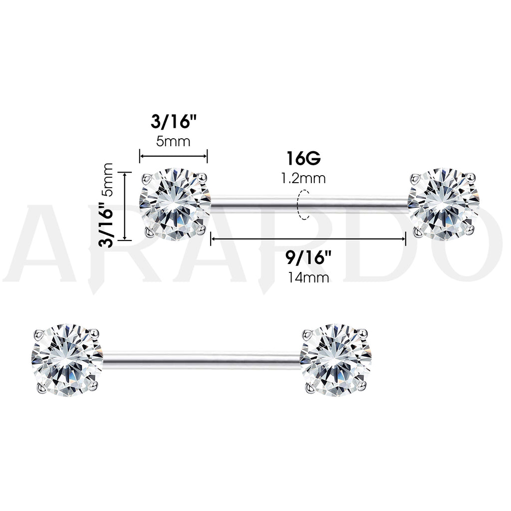 Arardo Sterling Silver Nipple Rings, Real 925 Nipple Barbell, Nipple Piercing Jewelry, High Polished Smooth Surface, Resists Allergy, Round CZ 16G 14mm, NR23
