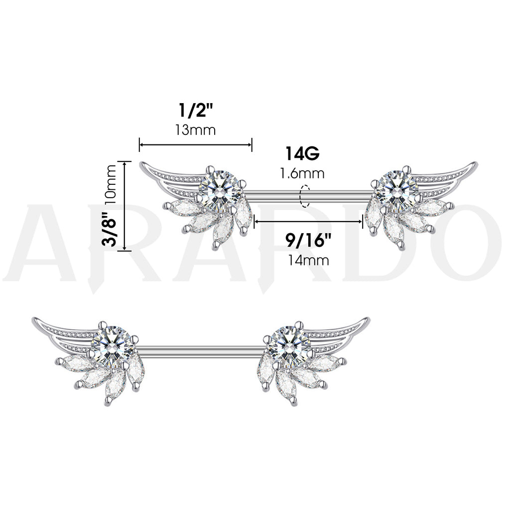 Arardo 316L Stainless Steel Nipple Piercing,High Polished Smooth Surface, Resists Allergy, Wings Silver CZ Nipple Rings Jewelry