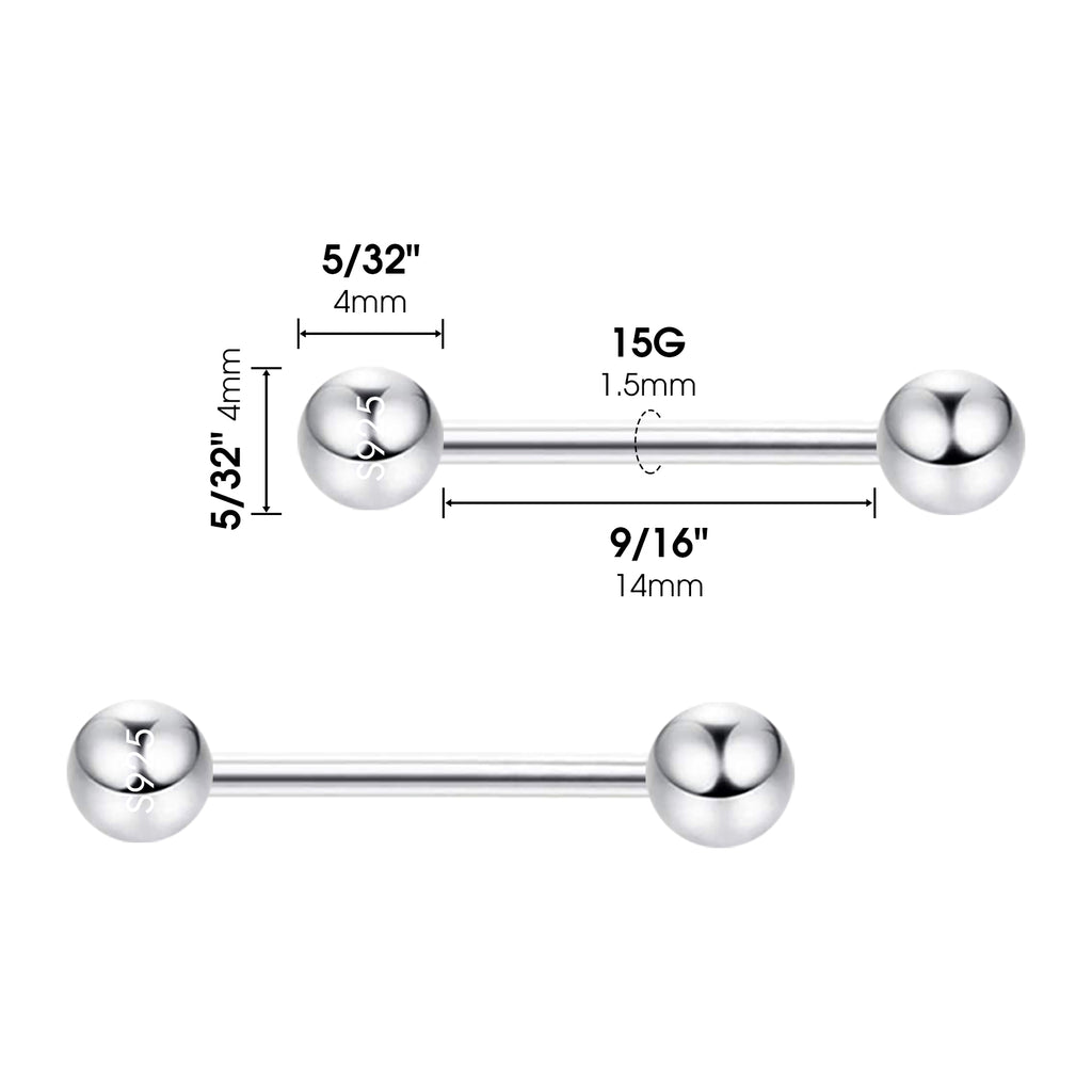 Arardo Sterling Silver Nipple Rings, Real 925 Sterling Silver Nipple Barbell, 15G Nipple Piercing, Smooth Ball, NR40