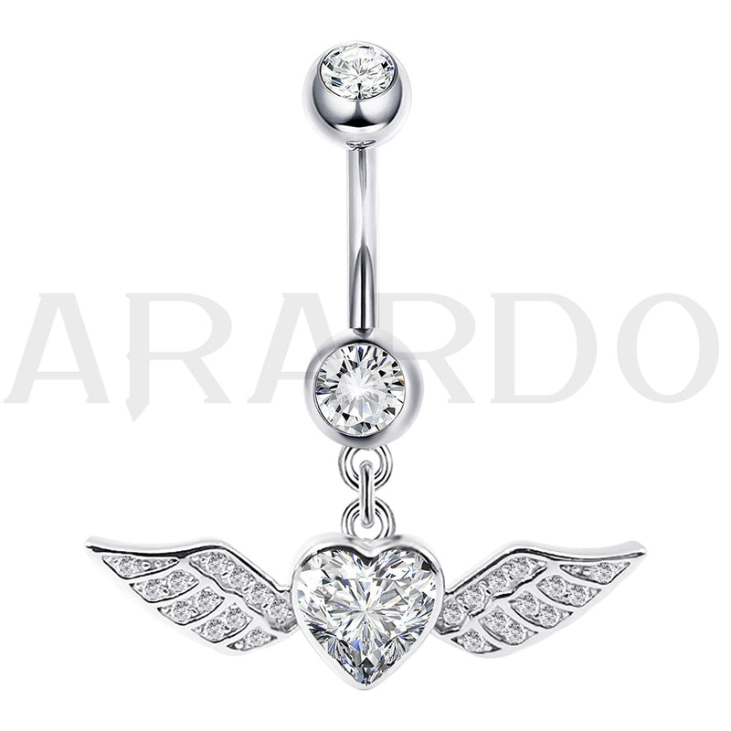 Arardo Sterling Silver Belly Button Rings, Real 925 Sterling Silver, 14G Smooth Surface Belly Piercing, Sterling Silver Navel Piercing Rings, Wings Heart Shape