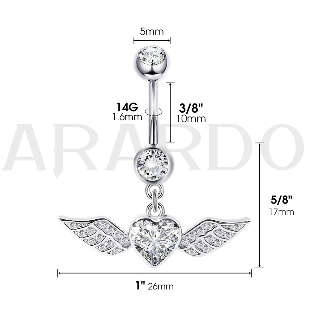 Arardo Sterling Silver Belly Button Rings, Real 925 Sterling Silver, 14G Smooth Surface Belly Piercing, Sterling Silver Navel Piercing Rings, Wings Heart Shape
