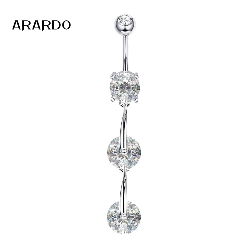 Arardo Sterling Silver Belly Button Rings, Real 925 Sterling Silver, 14G Smooth Surface Belly Piercing, Sterling Silver Navel Piercing Rings, Dangle Chain Three Circle CZ