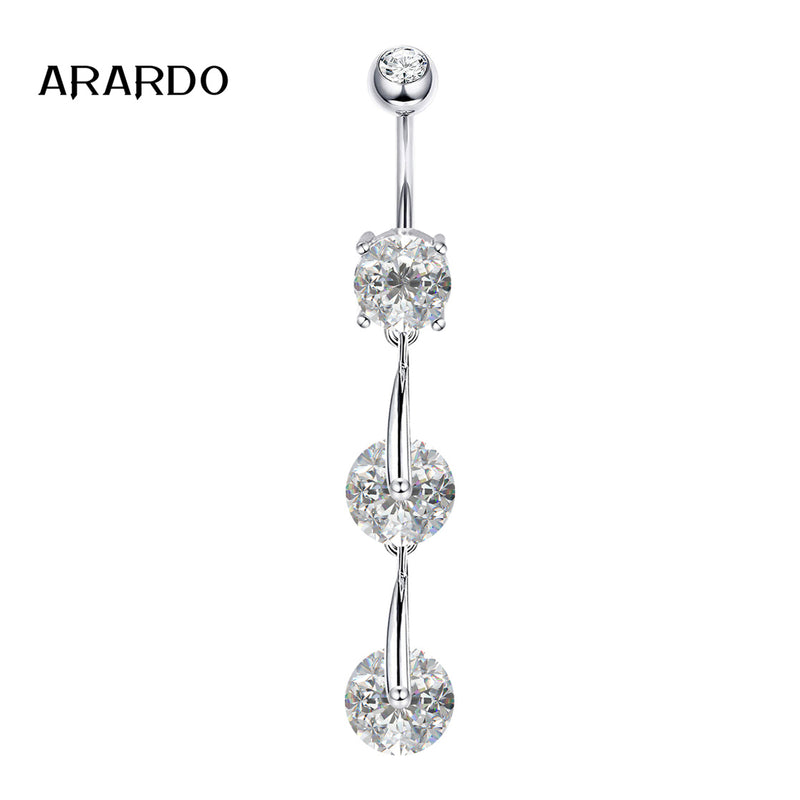 Arardo Sterling Silver Belly Button Rings, Real 925 Sterling Silver, 14G Smooth Surface Belly Piercing, Sterling Silver Navel Piercing Rings, Dangle Chain Three Circle CZ