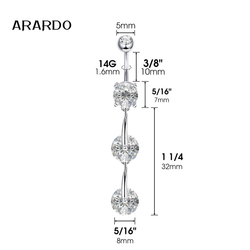 Arardo Sterling Silver Belly Button Rings, Real 925 Sterling Silver, 14G Smooth Surface Belly Piercing, Sterling Silver Navel Piercing Rings, Dangle Chain Three Circle CZ