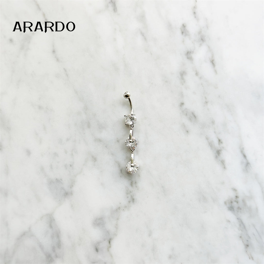 Arardo Sterling Silver Belly Button Rings, Real 925 Sterling Silver, 14G Smooth Surface Belly Piercing, Sterling Silver Navel Piercing Rings, Dangle Chain Three Circle CZ