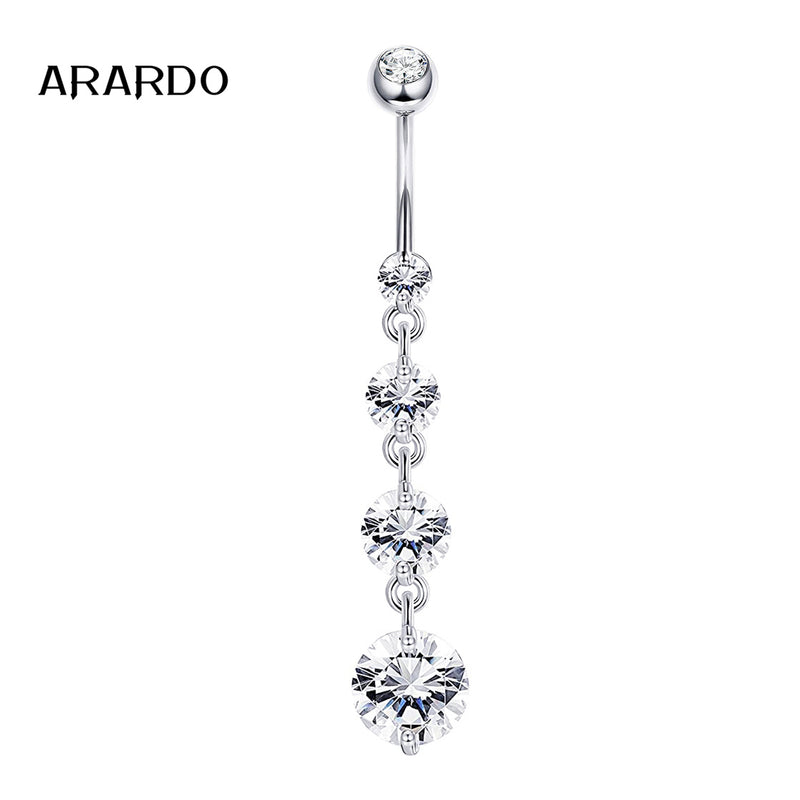 Arardo Sterling Silver Belly Button Rings, Real 925 Sterling Silver, 14G Smooth Surface Belly Piercing, Sterling Silver Navel Piercing Rings, Dangle Sort Four Circle CZ