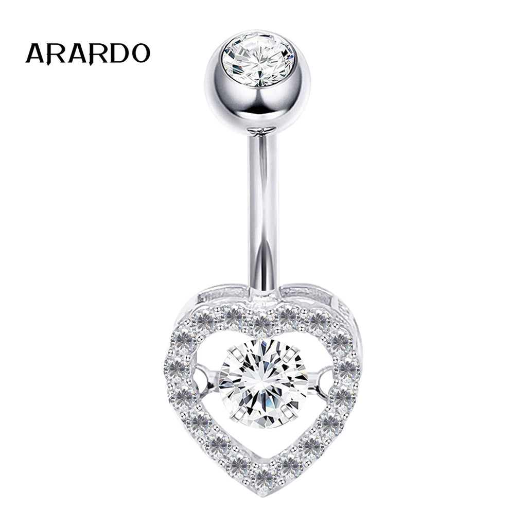 Arardo Sterling Silver Belly Button Rings, Real 925 Sterling Silver, 14G Smooth Surface Belly Piercing, Sterling Silver Navel Piercing Rings, Hollow Heart With Circle CZ