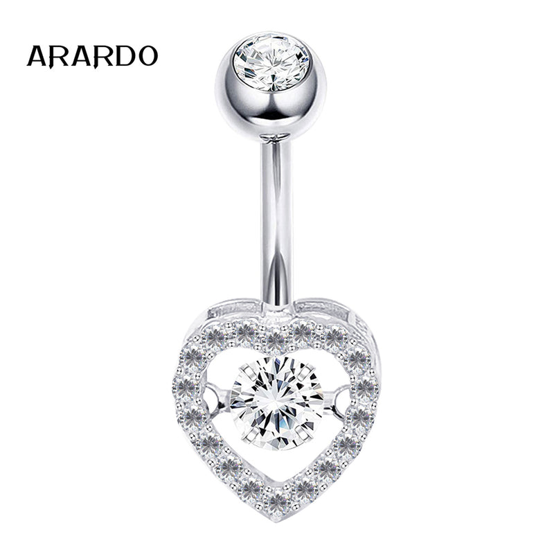 Arardo Sterling Silver Belly Button Rings, Real 925 Sterling Silver, 14G Smooth Surface Belly Piercing, Sterling Silver Navel Piercing Rings, Hollow Heart With Circle CZ