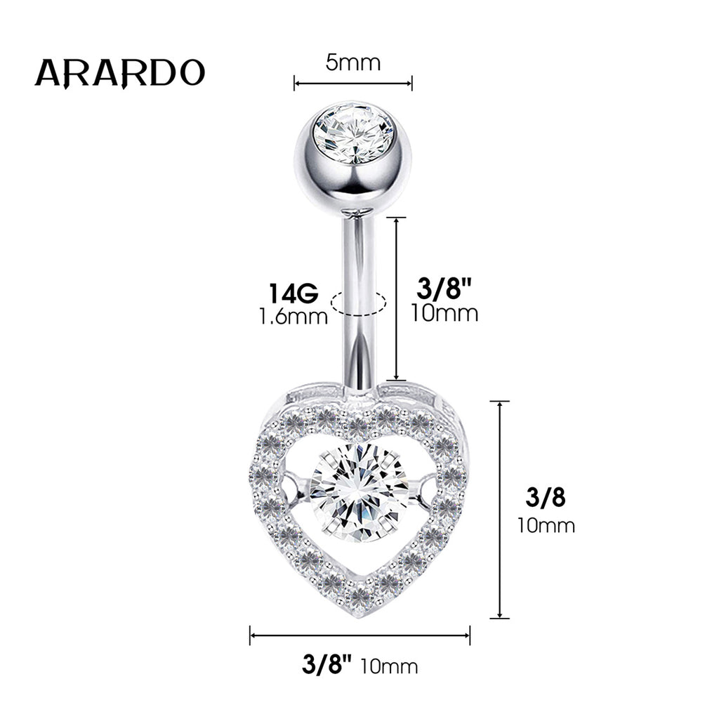 Arardo Sterling Silver Belly Button Rings, Real 925 Sterling Silver, 14G Smooth Surface Belly Piercing, Sterling Silver Navel Piercing Rings, Hollow Heart With Circle CZ