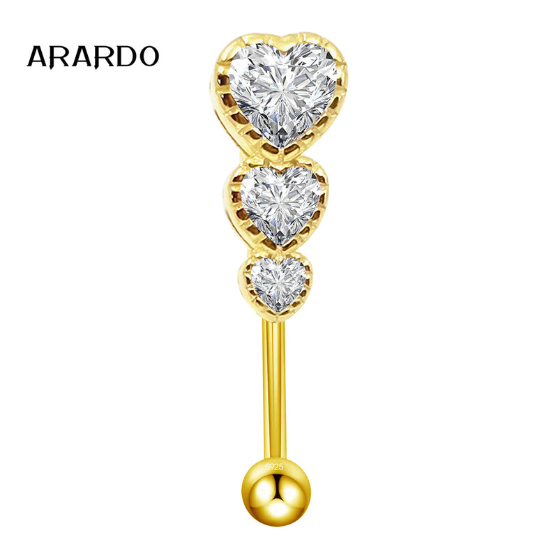 Arardo Sterling Silver Belly Button Rings, Real 925 Sterling Silver, 14G Smooth Surface Belly Piercing, Sterling Silver Navel Piercing Rings, Gold Reverse Sort Three Heart CZ
