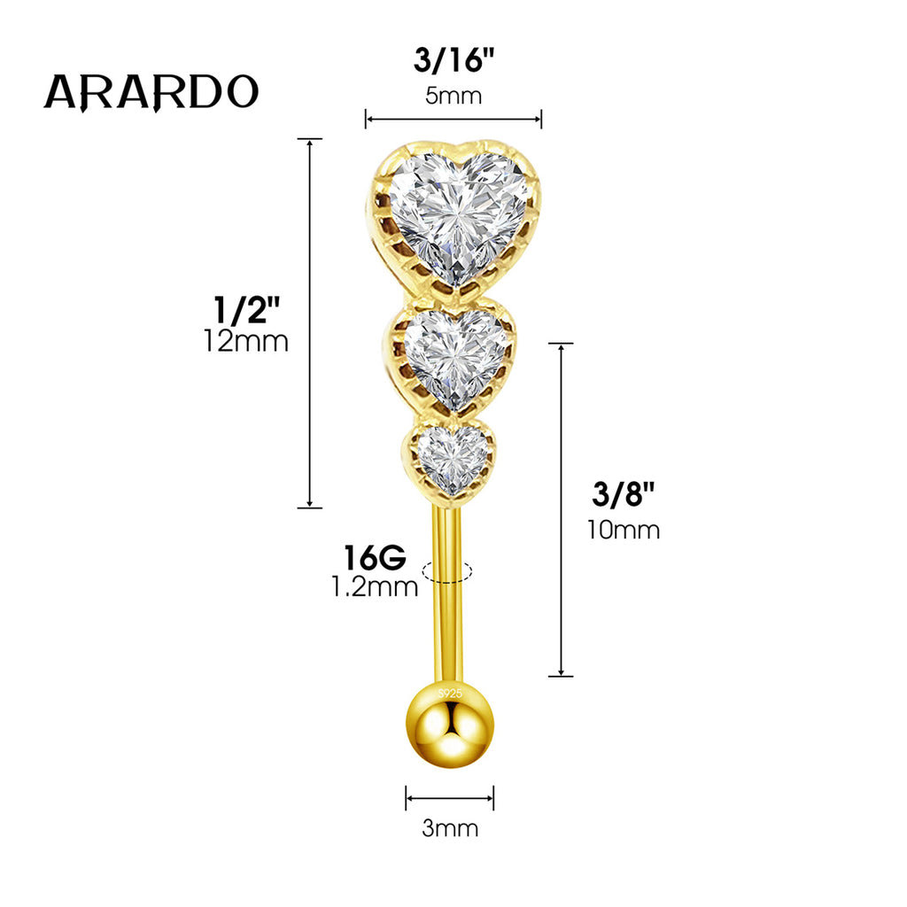 Arardo Sterling Silver Belly Button Rings, Real 925 Sterling Silver, 14G Smooth Surface Belly Piercing, Sterling Silver Navel Piercing Rings, Gold Reverse Sort Three Heart CZ