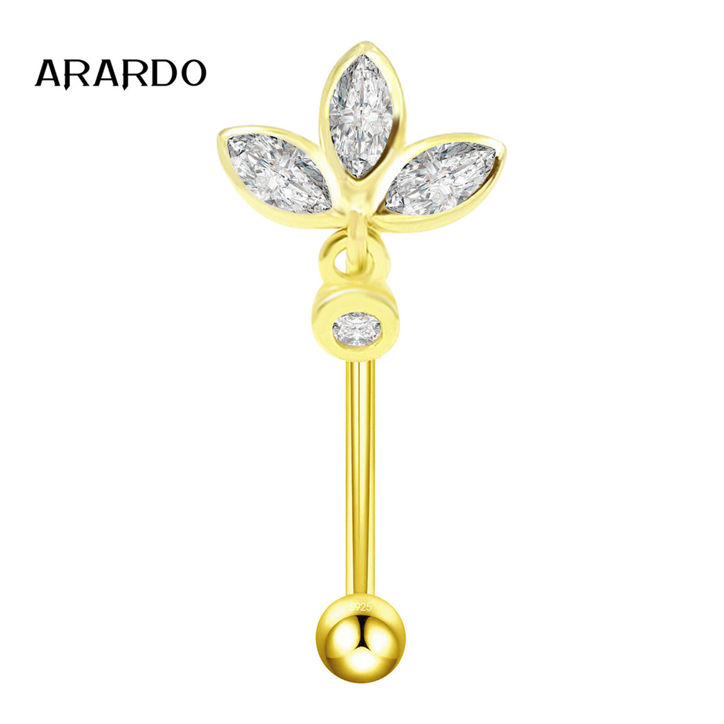 Arardo Sterling Silver Belly Button Rings, Real 925 Sterling Silver, 14G Smooth Surface Belly Piercing, Sterling Silver Navel Piercing Rings, Gold Reverse Three Leaves CZ