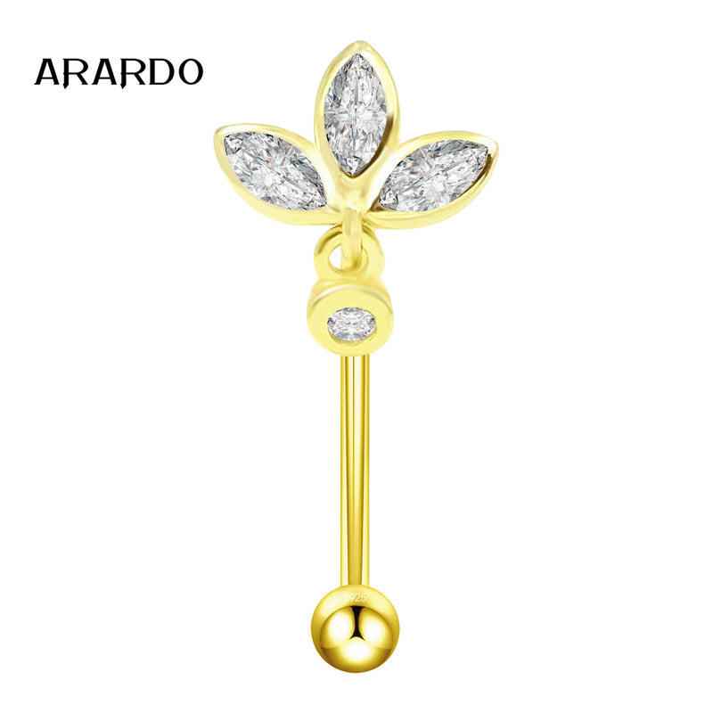 Arardo Sterling Silver Belly Button Rings, Real 925 Sterling Silver, 14G Smooth Surface Belly Piercing, Sterling Silver Navel Piercing Rings, Gold Reverse Three Leaves CZ