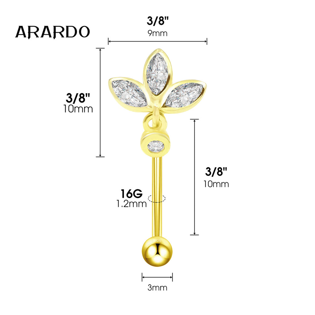 Arardo Sterling Silver Belly Button Rings, Real 925 Sterling Silver, 14G Smooth Surface Belly Piercing, Sterling Silver Navel Piercing Rings, Gold Reverse Three Leaves CZ