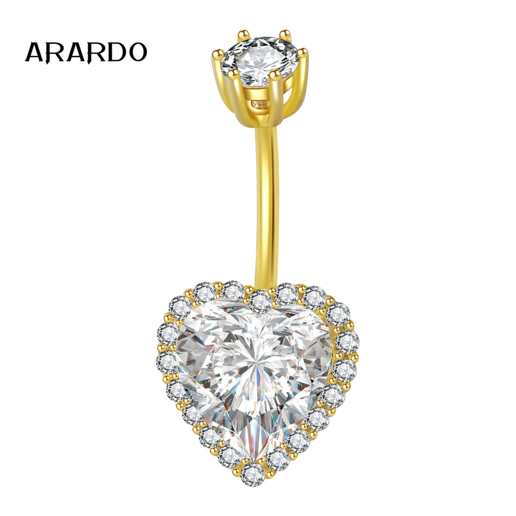 Arardo Sterling Silver Belly Button Rings, Real 925 Sterling Silver, 14G Smooth Surface Belly Piercing, Sterling Silver Navel Piercing Rings, Gold Classic Heart CZ