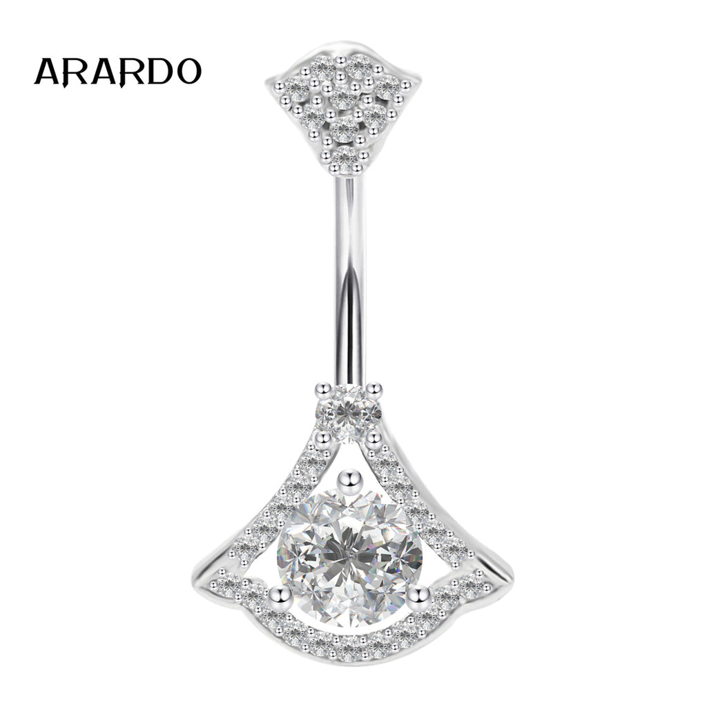 Arardo Sterling Silver Belly Button Rings, Real 925 Sterling Silver, 14G Smooth Surface Belly Piercing, Sterling Silver Navel Piercing Rings, Fan With Circle CZ