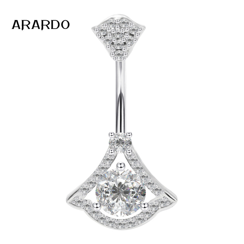 Arardo Sterling Silver Belly Button Rings, Real 925 Sterling Silver, 14G Smooth Surface Belly Piercing, Sterling Silver Navel Piercing Rings, Fan With Circle CZ